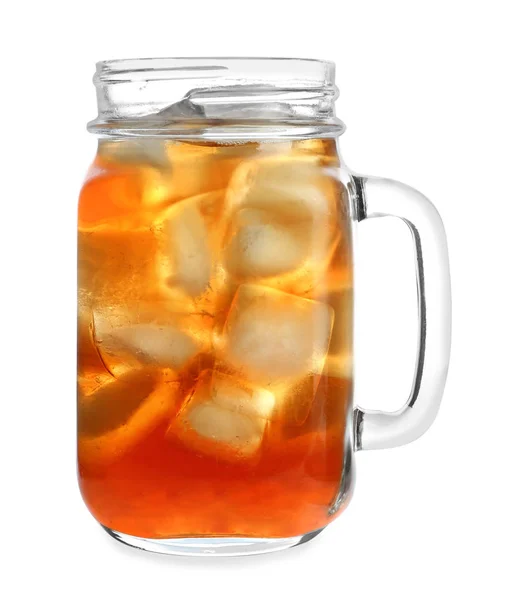 Mason jar of refreshing iced tea on white background — Stock Photo, Image