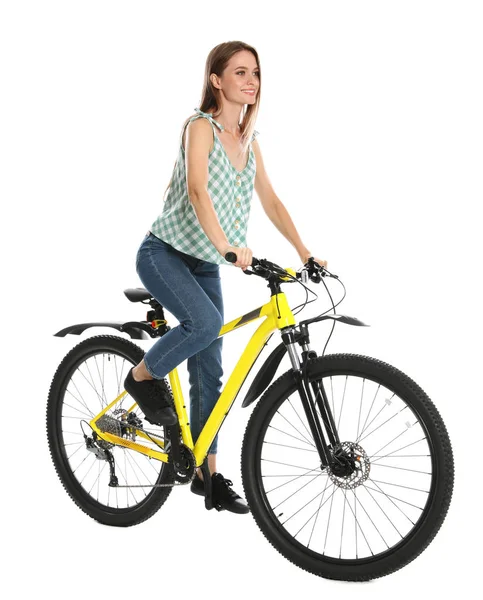 하얀 배경으로 자전거를 타는 행복 한 젊은 여자 — 스톡 사진