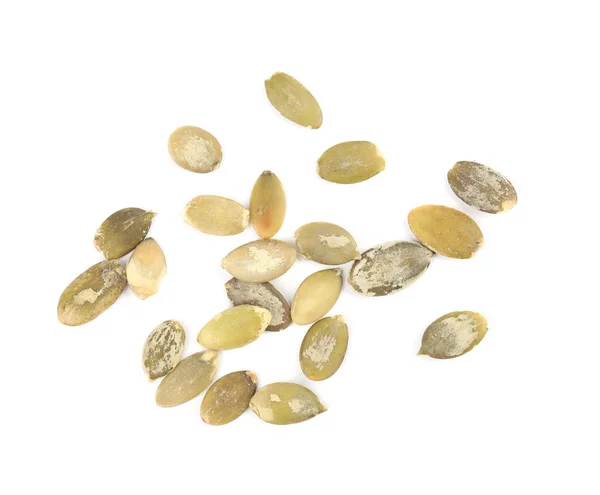 Raw peeled pumpkin seeds on white background, top view — Stock Photo, Image