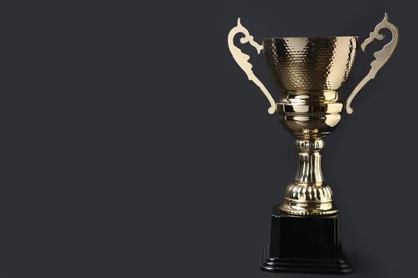 Gouden trofee Cup op grijze achtergrond. Ruimte voor tekst — Stockfoto