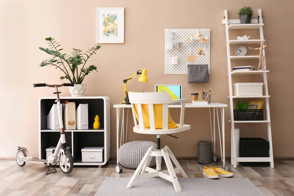 Modern laptop on desk in room. Home workplace — Stock Photo, Image