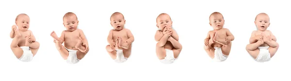 Collage of cute little baby on white background, top view — 스톡 사진