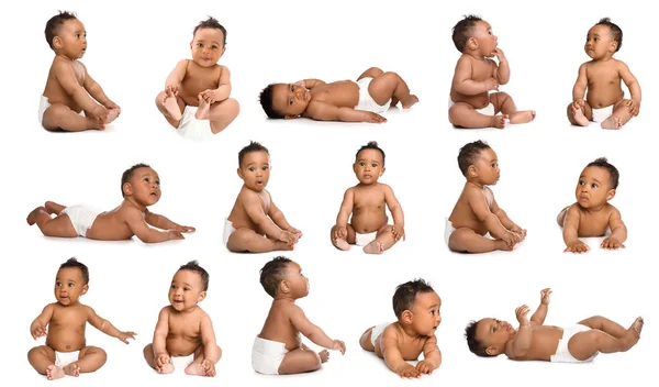 Collage of cute African-American baby on white background — 스톡 사진