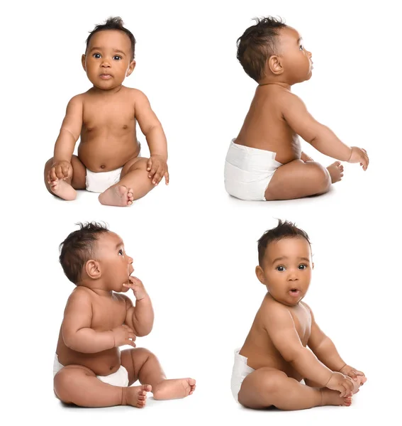 Collage of cute African-American baby on white background — 스톡 사진