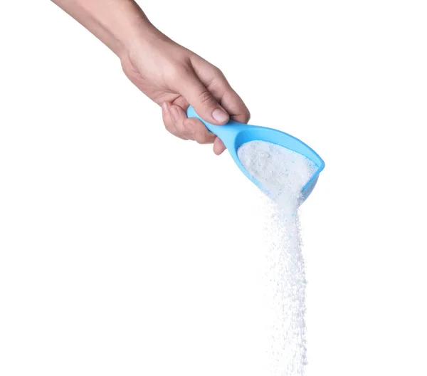 Woman pouring laundry detergent from measuring container against white background, closeup — Stock Photo, Image