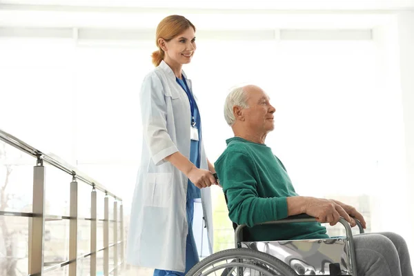 Enfermera asistiendo a anciano en silla de ruedas en interiores —  Fotos de Stock