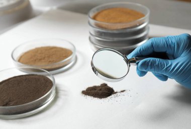 Bilimadamı masadaki toprak örneğini inceliyor, yakın plan. Laboratuvar araştırması