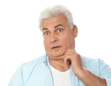 Emotional mature man with double chin on white background clipart