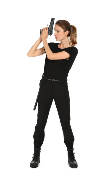 Female security guard in uniform with gun on white background — Stock Photo, Image