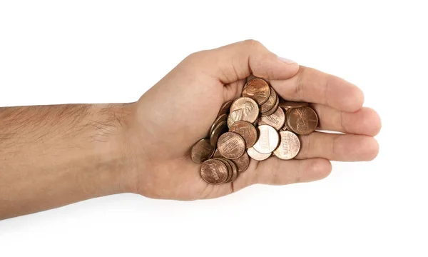 Young man holding coins on white . Closeup — Stock Photo, Image