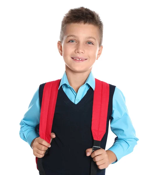 Niño feliz en uniforme escolar sobre fondo blanco — Foto de Stock