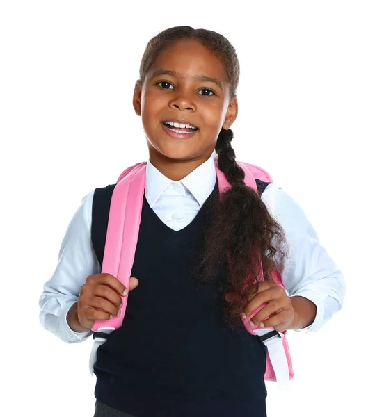 Šťastná afroameričanka ve školní uniformě na bílém pozadí — Stock fotografie