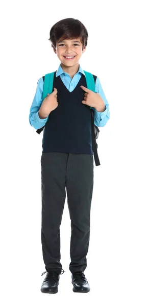 행복한 소년 에 학교 유니폼 에 화이트 배경 — 스톡 사진