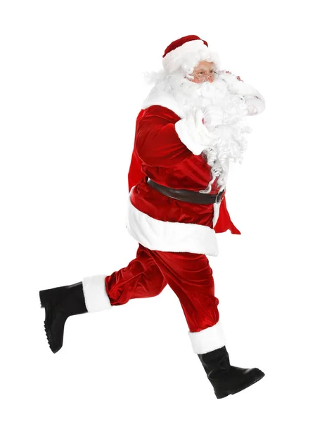 Auténtico Santa Claus con bolsa llena de regalos sobre fondo blanco — Foto de Stock