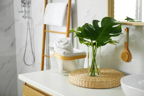 Tropiska monstera löv i elegant badrum inredning — Stockfoto