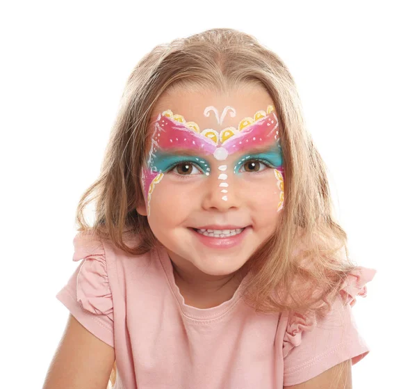 Roztomilé holčička s obličejem malování na bílém pozadí — Stock fotografie