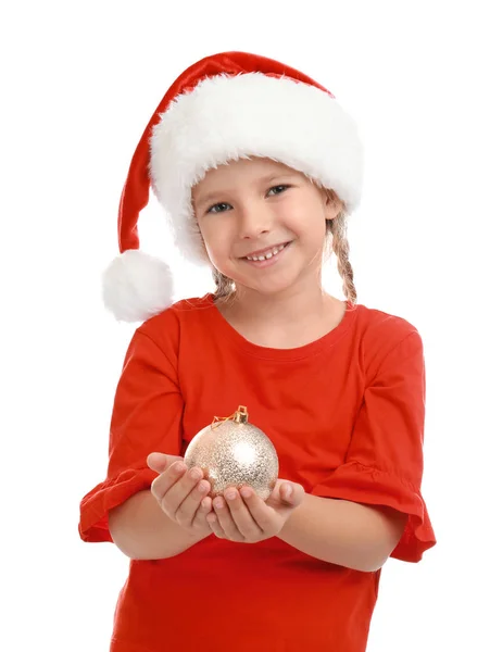 Criança bonito usando chapéu de Papai Noel com decoração de Natal no fundo branco — Fotografia de Stock