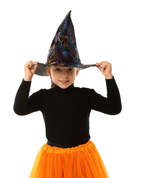 Cute little girl w kostium Halloween na białym tle — Zdjęcie stockowe