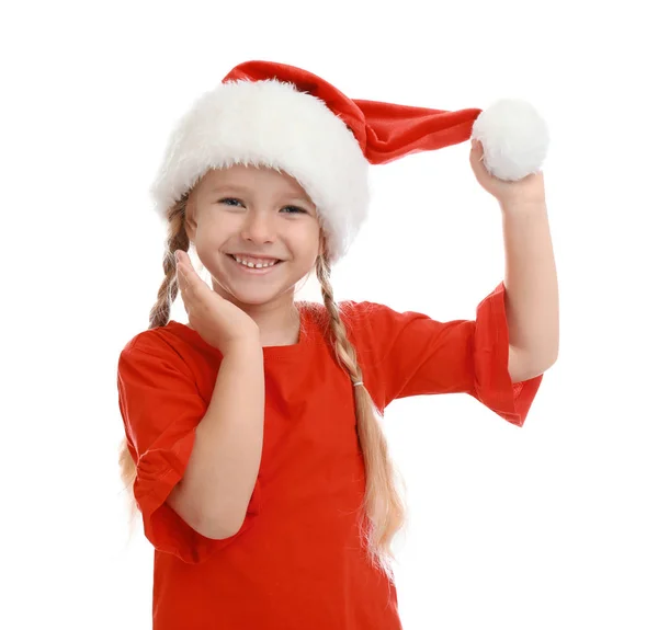 白い背景にサンタの帽子をかぶったかわいい子供。クリスマス休暇 — ストック写真