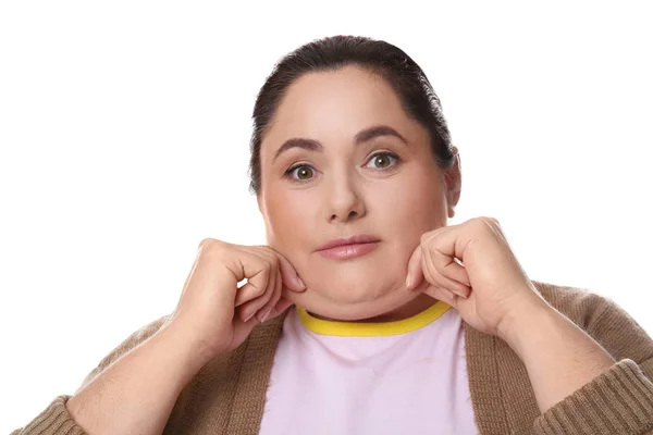 Mujer con barbilla doble sobre fondo blanco —  Fotos de Stock