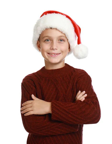 Boldog kisgyerek Mikulás kalapban, fehér háttérrel. Karácsonyi ünnepség — Stock Fotó