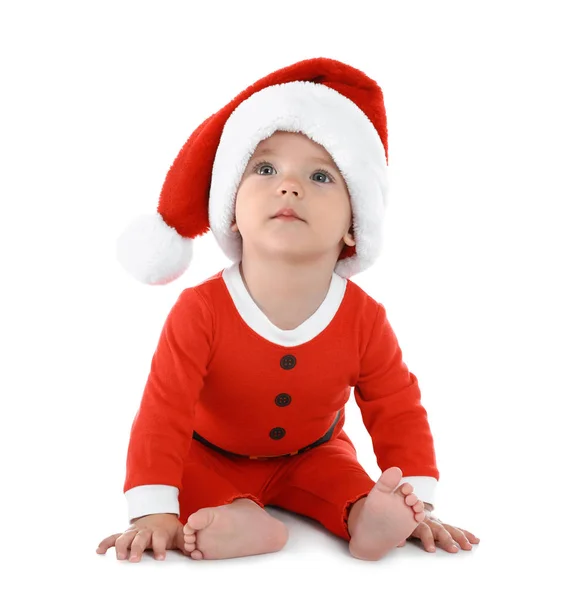 Schattig klein baby dragen feestelijke kerst kostuum op witte achtergrond — Stockfoto