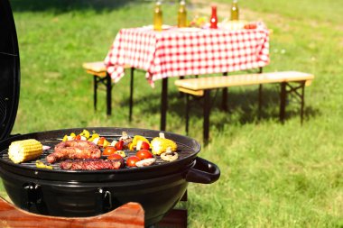 Parkta lezzetli yemekler içeren modern barbekü ızgarası