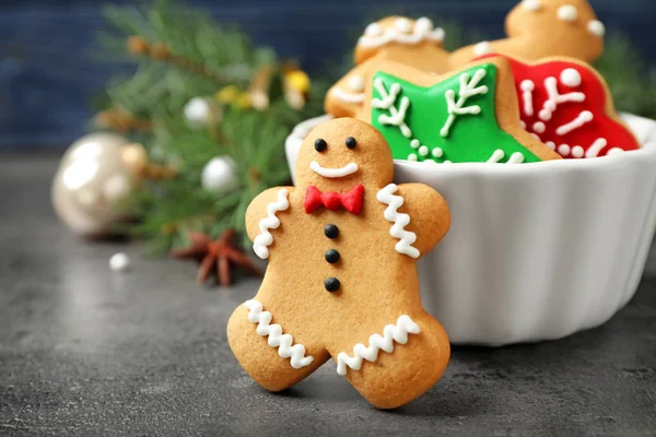 Tasty homemade Christmas cookies on grey table, closeup view — Stock Photo, Image