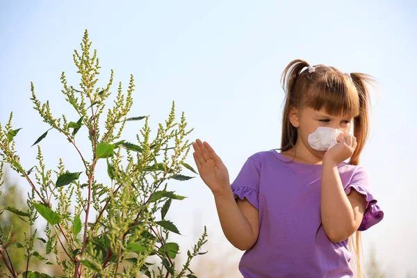 Mała dziewczynka cierpiąca na alergię ambrozja na zewnątrz — Zdjęcie stockowe