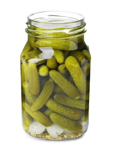 Jar with pickled gherkins on white background — Stock Photo, Image