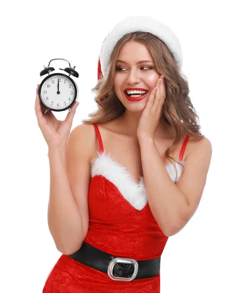 Hermosa chica Santa con despertador sobre fondo blanco. Celebración de Navidad —  Fotos de Stock