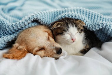 Sevimli küçük kedi ve köpek yavrusu yatakta uyuyor.