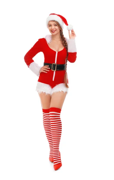 Beautiful Santa girl on white background. Christmas eve — Stock Photo, Image