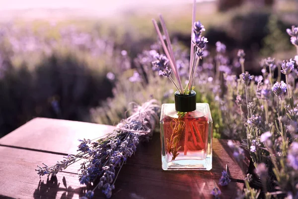 Reed odświeżacz powietrza z olejem i świeżych kwiatów lawendy na drewnianym stole w kwitnącej dziedzinie. Miejsce na tekst — Zdjęcie stockowe