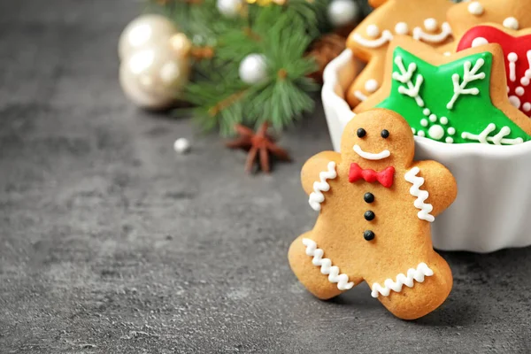 Tasty homemade Christmas cookies on grey table, closeup view. Space for text — Stock Photo, Image