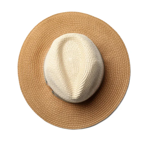 Stylish summer hat on white background, top view — Stock Photo, Image