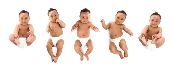 Collage of cute African-American baby on white background, top view — 스톡 사진