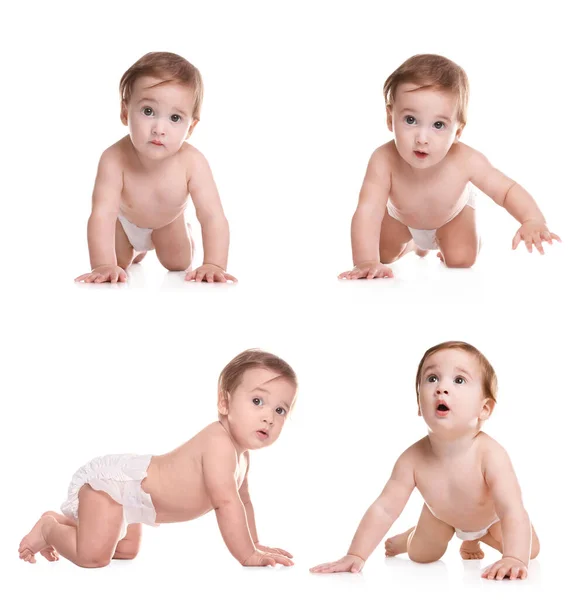 Kollaps av en søt liten baby på hvit bakgrunn – stockfoto