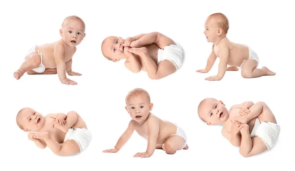 Colagem de bebê pequeno bonito no fundo branco — Fotografia de Stock