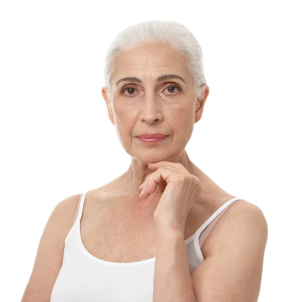 Portrait of beautiful matre woman on white background — Stok Foto