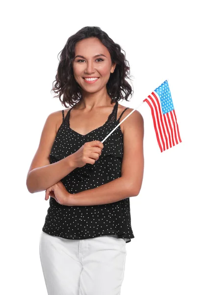 Happy young woman with American flag on white background — Stock Photo, Image