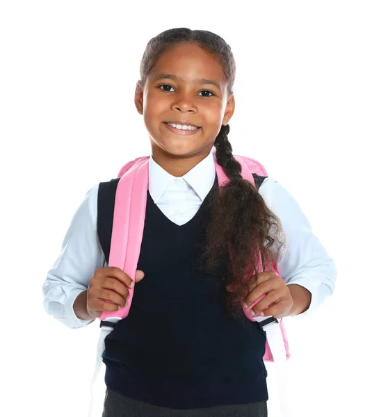 Chica afroamericana feliz en uniforme escolar sobre fondo blanco — Foto de Stock