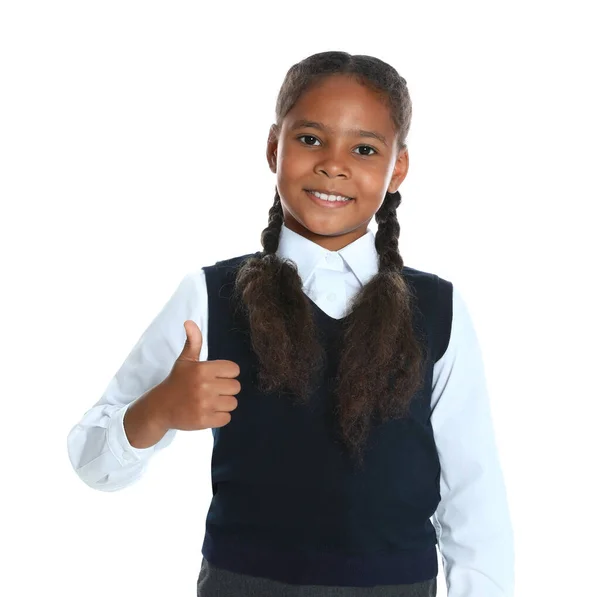 Chica afroamericana feliz en uniforme escolar sobre fondo blanco —  Fotos de Stock