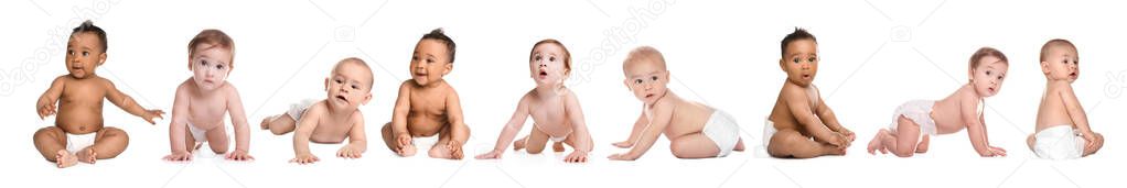 Collage of cute little babies on white background
