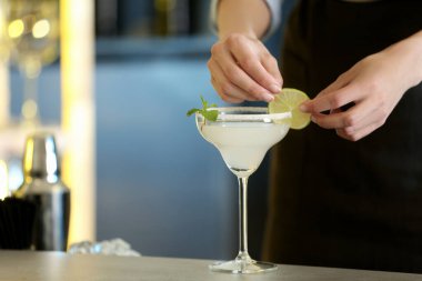 Barda limon ve nane kokteyle taze alkollü kokteyl hazırlayan kadın.