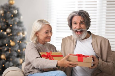 Mutlu çift evde Noel hediyesi açılış