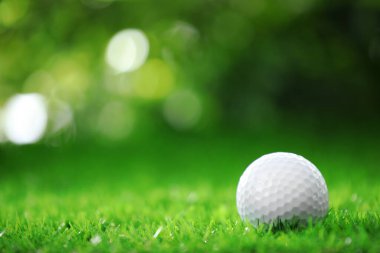 Bulanık arka planda yeşil çimlerde golf topu