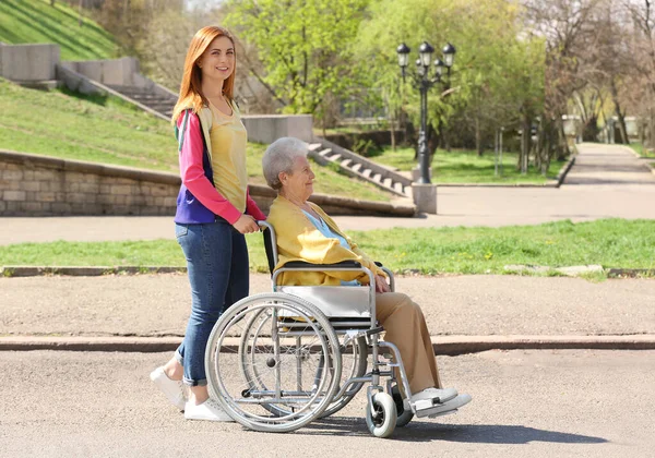 Mulher sênior em cadeira de rodas com jovem assistente no parque no dia ensolarado — Fotografia de Stock