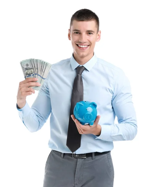 Handsome businessman with dollars and piggy bank on white background — Stock Photo, Image