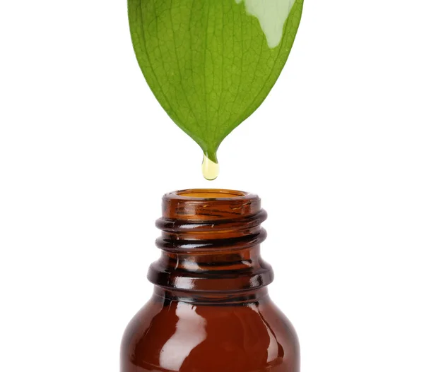 Gota de óleo essencial caindo da folha verde em garrafa de vidro no fundo branco, close-up — Fotografia de Stock